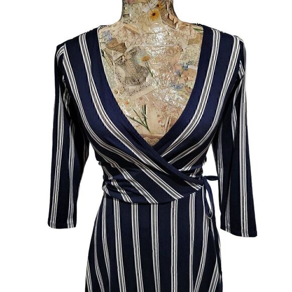 iZ Byer Blue Striped Soft Stretchy Faux Wrap Dress - Picture 3 of 12